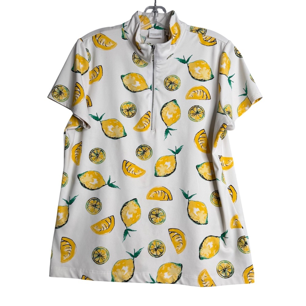 Chico's Weekend Lemon Print Top Womens L 2 Yellow Athleisure Short Sleeve